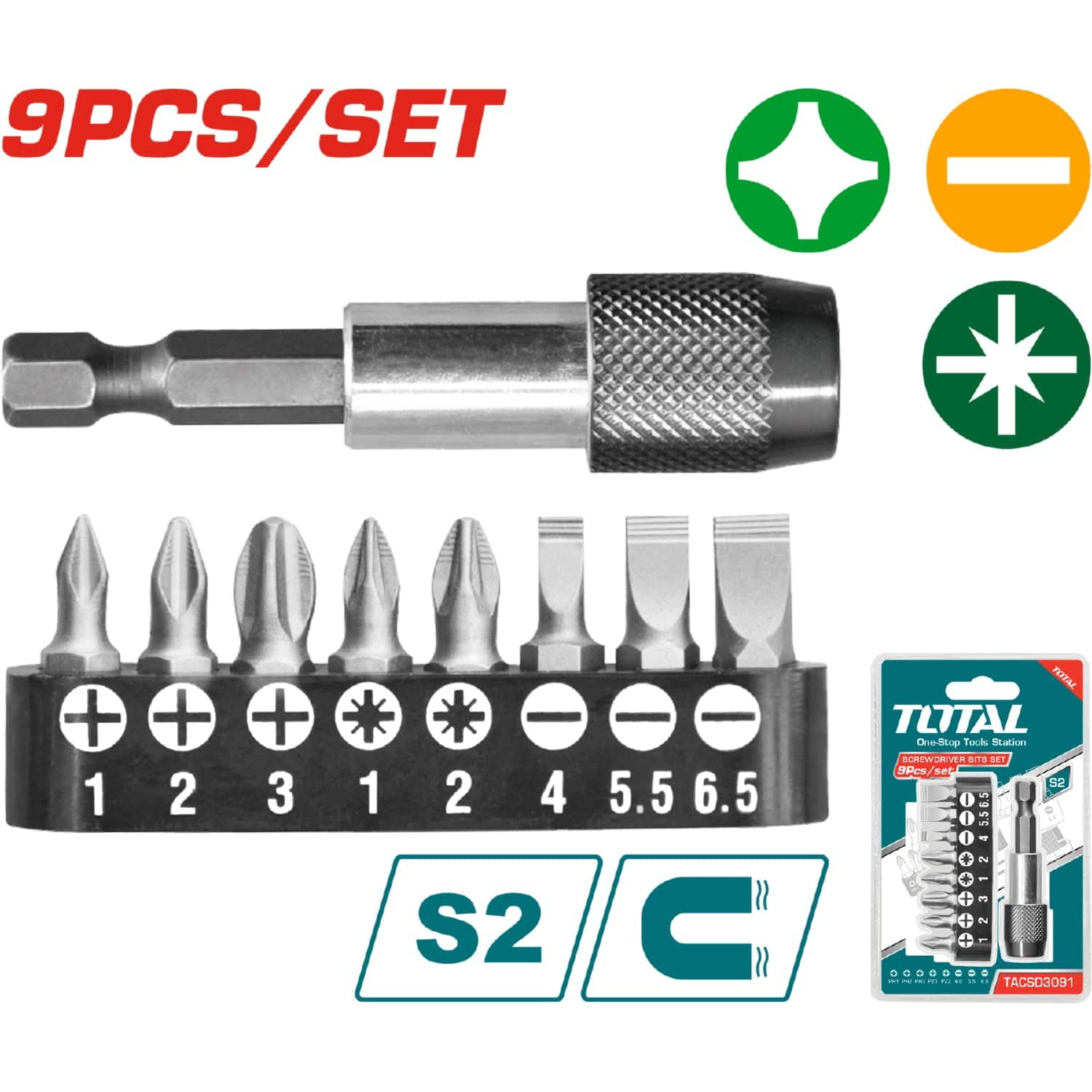 Juego De 9 Pza  Magnet. Puntas Destornillador Con Adaptador PH1,PH2,PH3,SL4.0,SL5.5,SL6.5,PZ1,PZ2