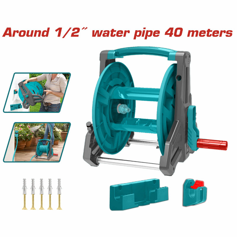 Carrete para manguera de 40 metros. Diseño antipinchazos. Mango alargado y ampliado.