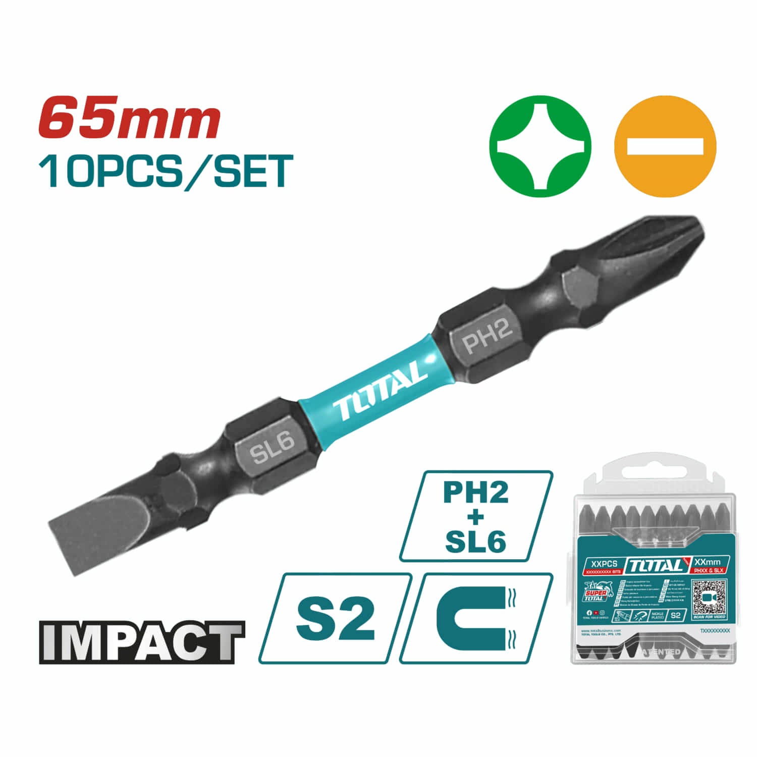 Juego de puntas magnéticas de impacto, PH2+SL6.0*1.0 de 65mm, Acero S2, Negro. (10pzas).