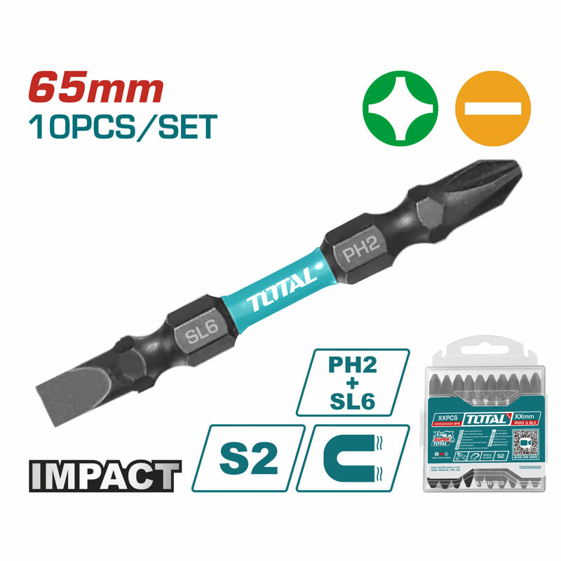 Juego de puntas magnéticas de impacto, PH2+SL6.0*1.0 de 65mm, Acero S2, Negro. (10pzas).