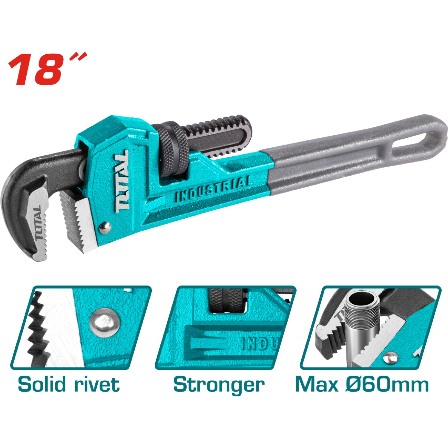 Llave de tubo forjada acero alta calidad. Remache sólido.Diámetro Max sujeción: 60mm. 18"(450mm)