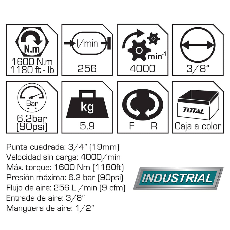 Llave de Impacto de Aire de 19 mm ( 3/4" ). Velocidad Max 4000 rpm. Torque Max. 1600 Nm (1180 ft).