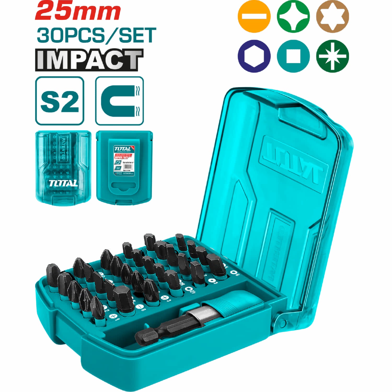 Juego puntas Destornilladores tipo broca. 25mm. 30 pzas. PH1-2-2-2-3; SL3-4-5-6-7; PZ1-2-2-2-3