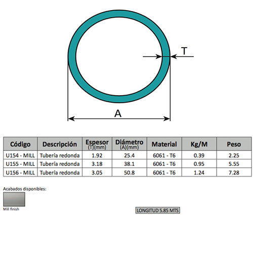 Perfiles de Aluminio Redondo 2&quot;. Espesor 3.05 mm Largo 5.85 mts. Material 6061-T6. Acabado Mill.
