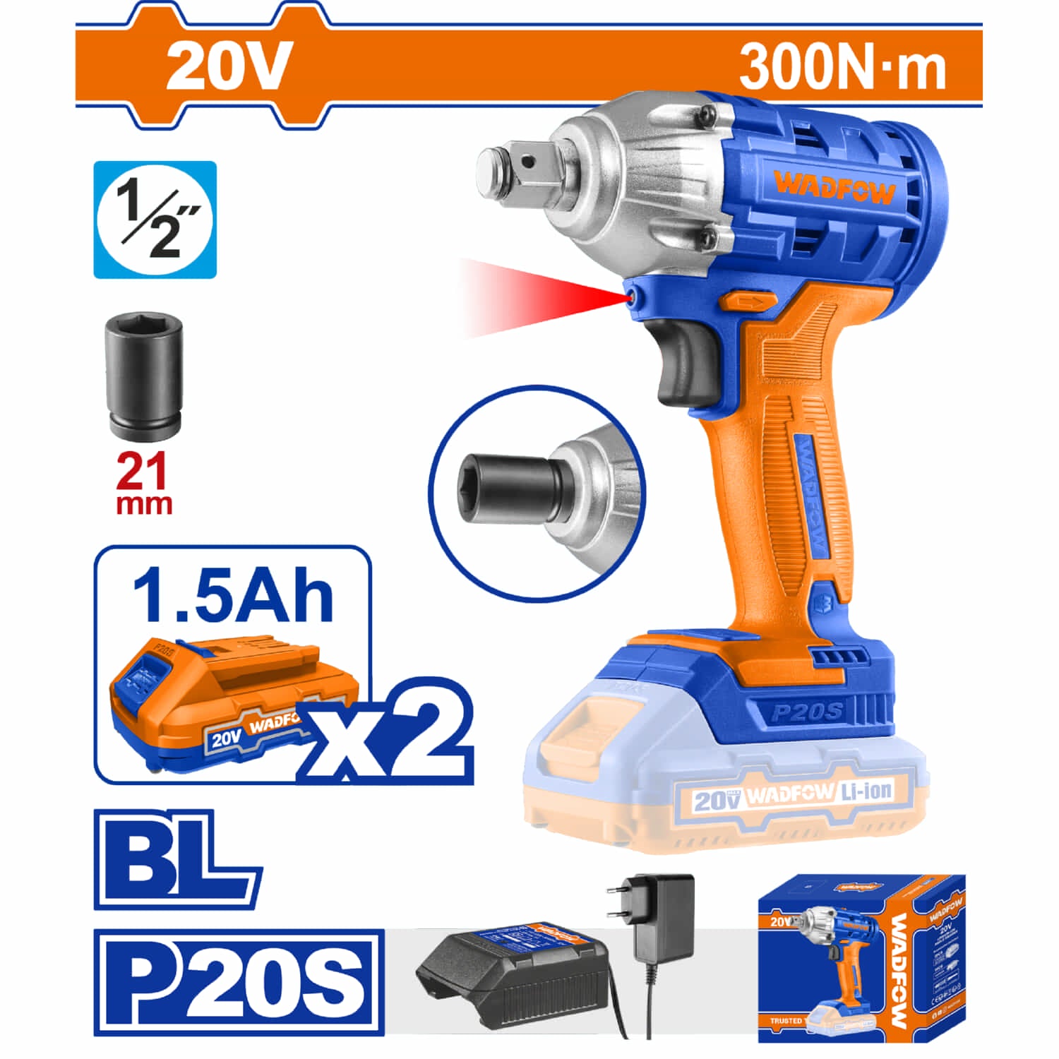 Llave impacto dado cuadrado 1/2" 20V. Brushless sin escobillas. 300NM. 2 baterías y 1 cargador.