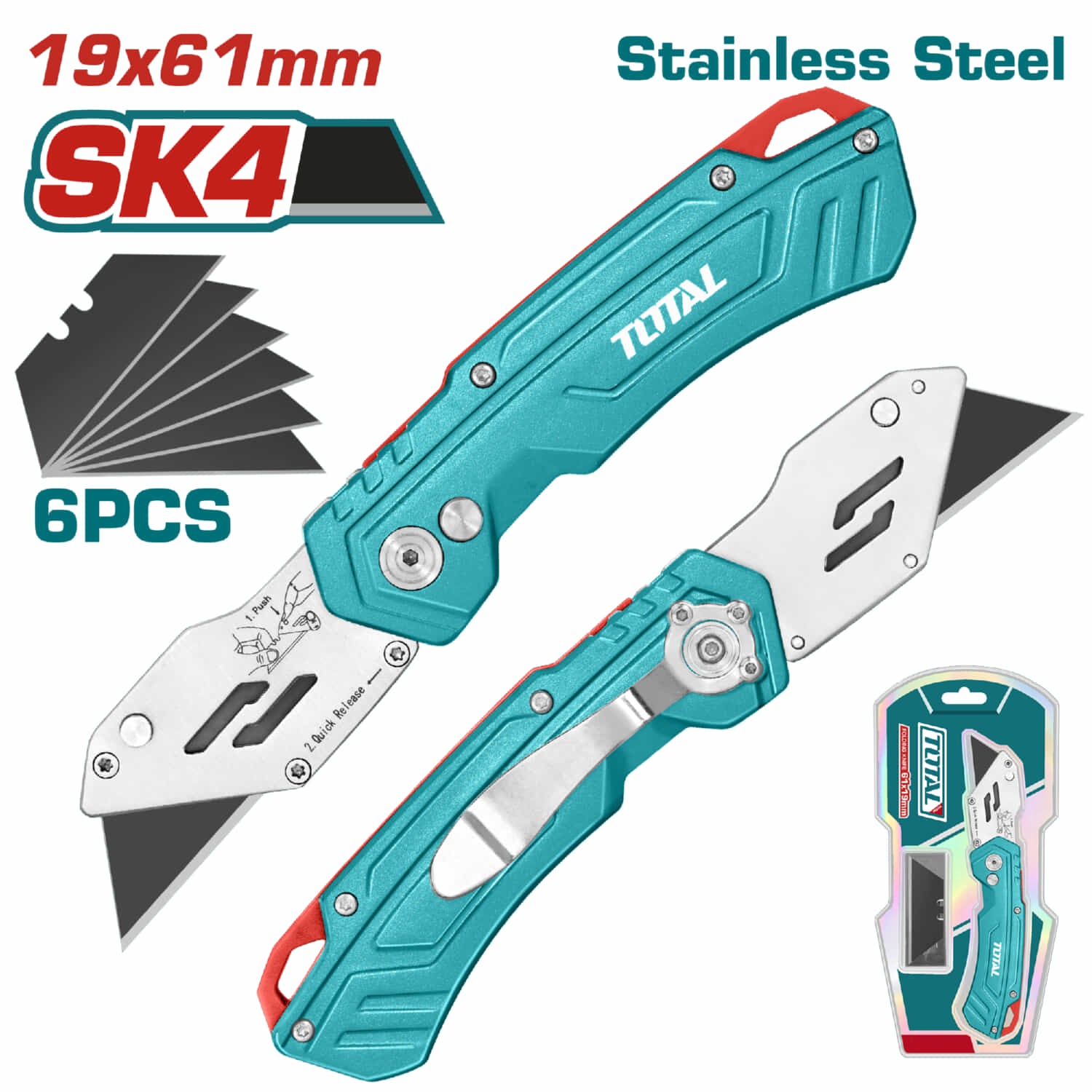 Exacto plegable con Mango de aluminio. Con cuchillas de 61 x 19 mm. Con 6 cuchillas de repuesto SK5.