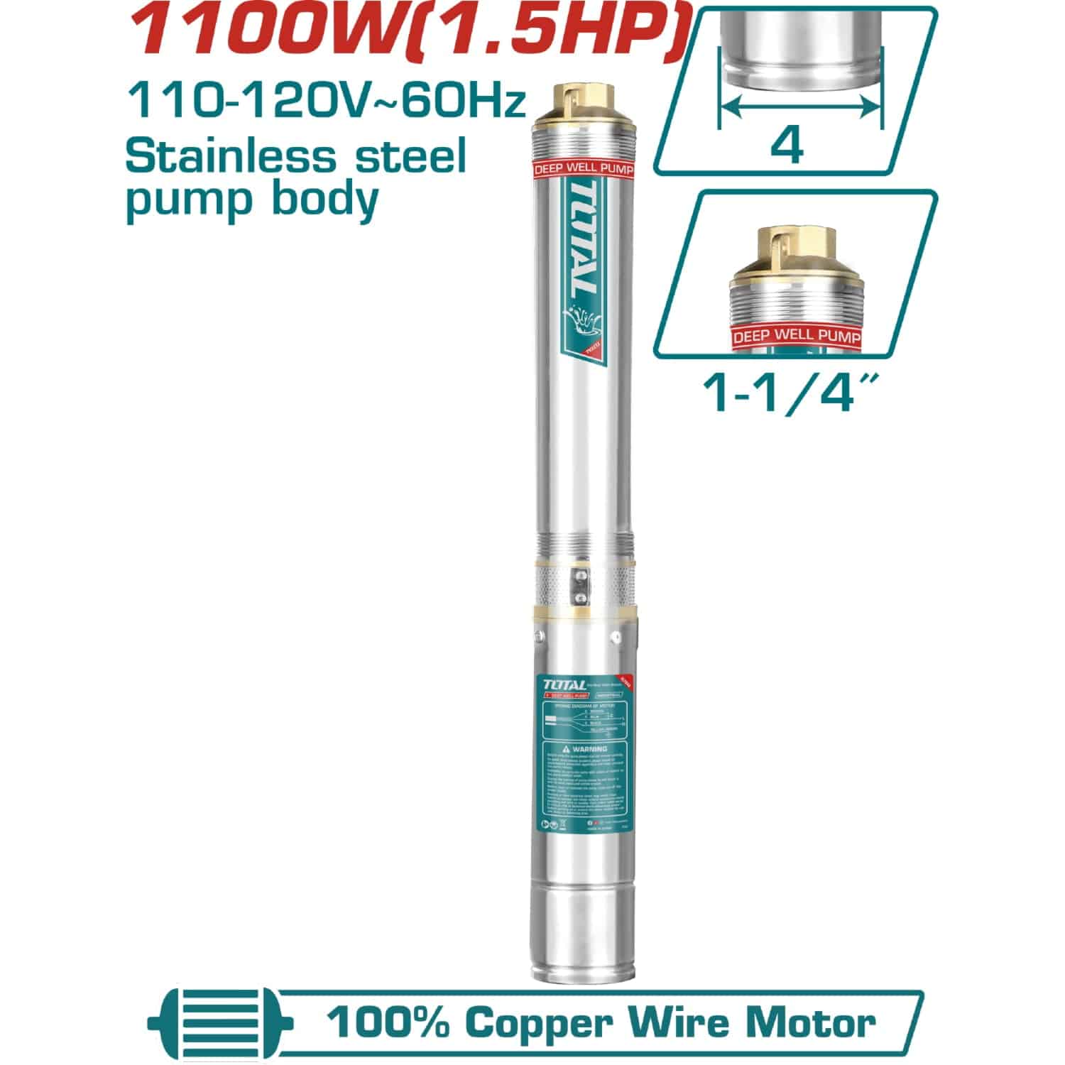 Bomba De Pozo Cuerpo De 4" 1100W(1.5HP).(1 Año) 110-120V~60Hz.20Mts De Cable+Swiche. NO Incluye Caja