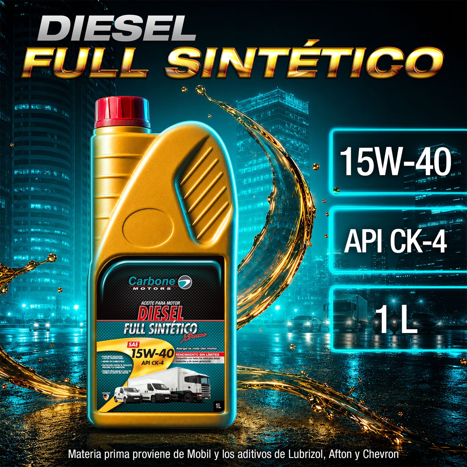 ACEITE DE MOTOR 15W-40 SAE API CK-4 FULL SINTETICO PARA MOTORES DIESEL (1 LT)