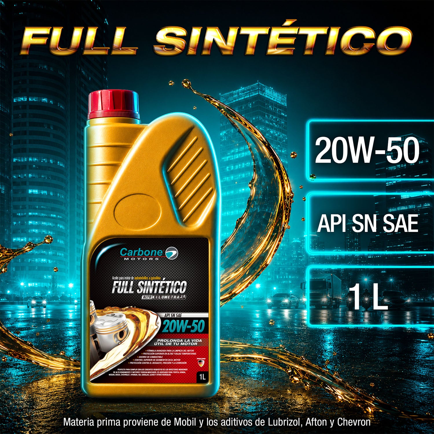 ACEITE DE MOTOR 20W-50 API SN SAE FULL SINTETICO PARA CARROS MOTORES A GASOLINA ( 1 LT )