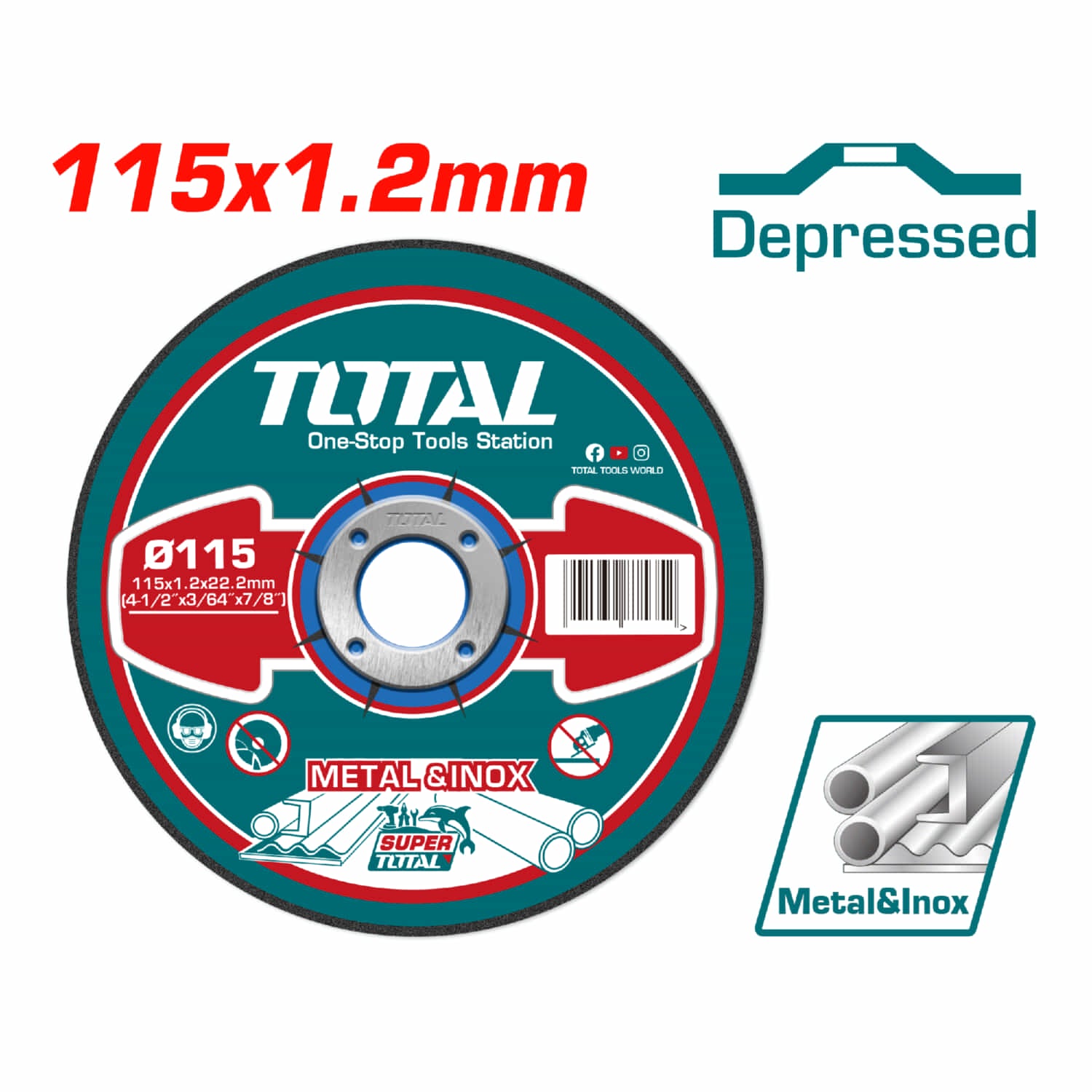 Disco corte metal y acero inoxidable 115 mm(4-1/2") x 1.2 mm（3/64" x 7/8") Concavo. (1 pza)