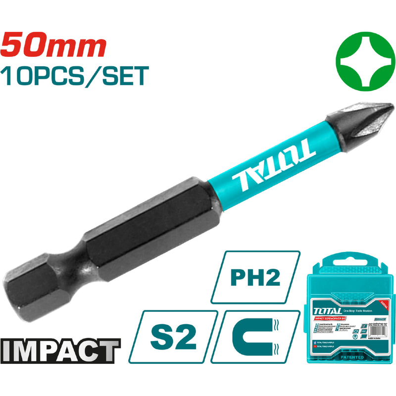 Juego de puntas para Destornillador PH2 (10 Piezas, 50mm) Acero Industrial S2, Punta magnética