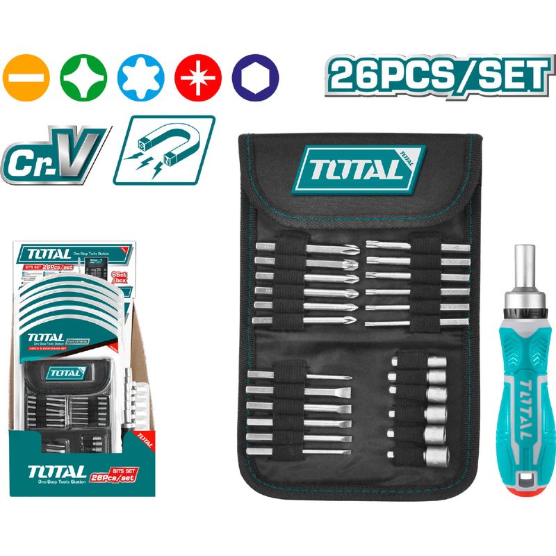 Juego 26pza Destornillador ratchet de puntas.18pcs 65mm bit 6pcs Power sleeve Material:CR-V