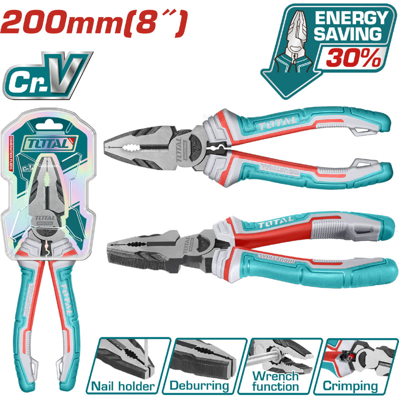 Alicate de combinacion 8"/200mm Cr-V. De alto apalancamiento ahorran el 30% de la fuerza aplicada.