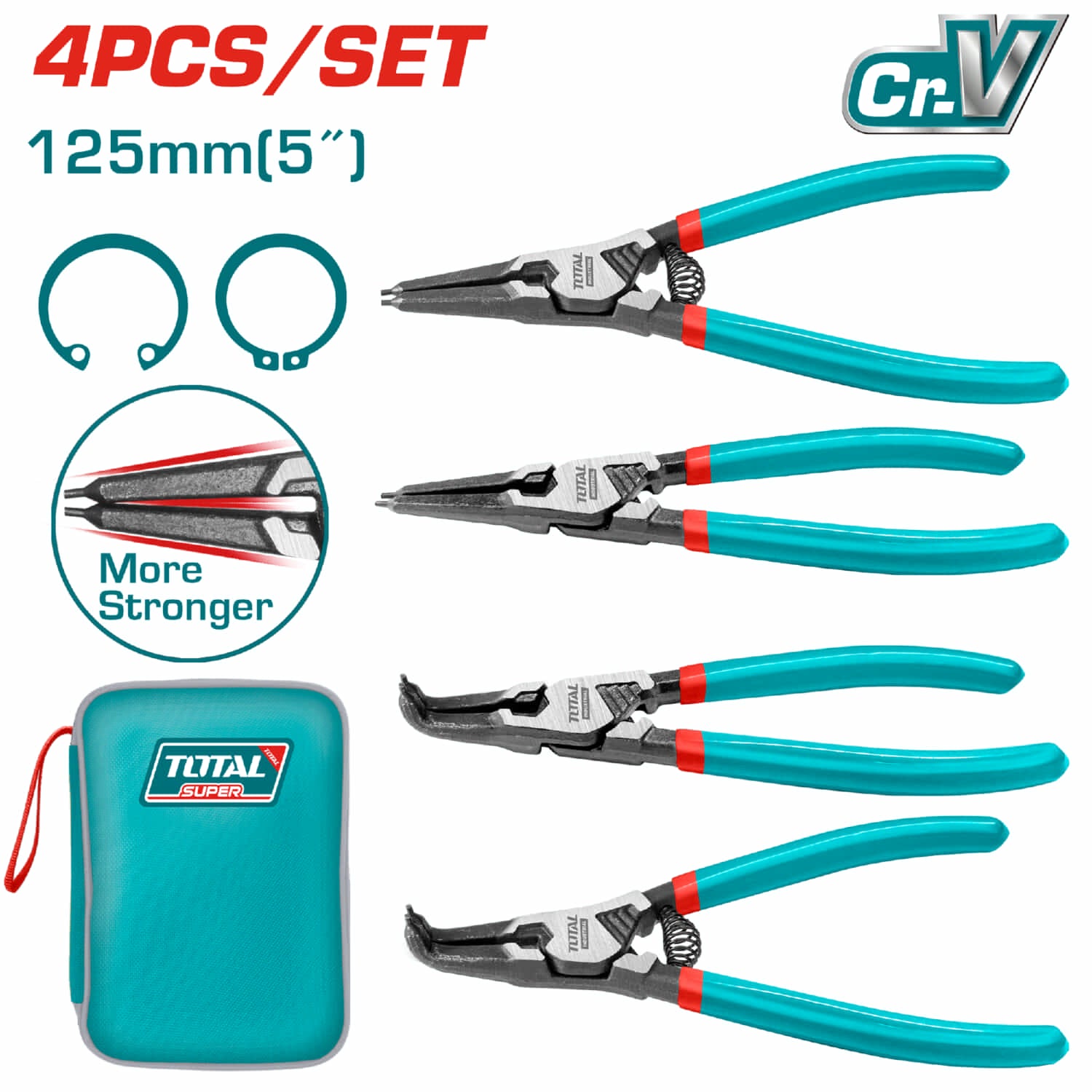 Juego de Alicates para Anillos de Retencion de 5"/125 mm de 4 piezas. Diametro: 1.8 mm.