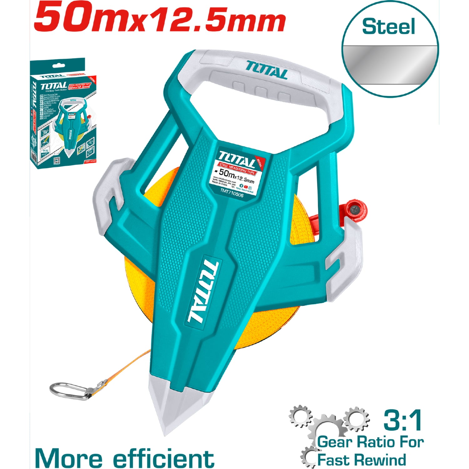 Cinta métrica de acero 50 mts x 12.5 mm. Métrico y pulgadas. Auto enrollable 3:1