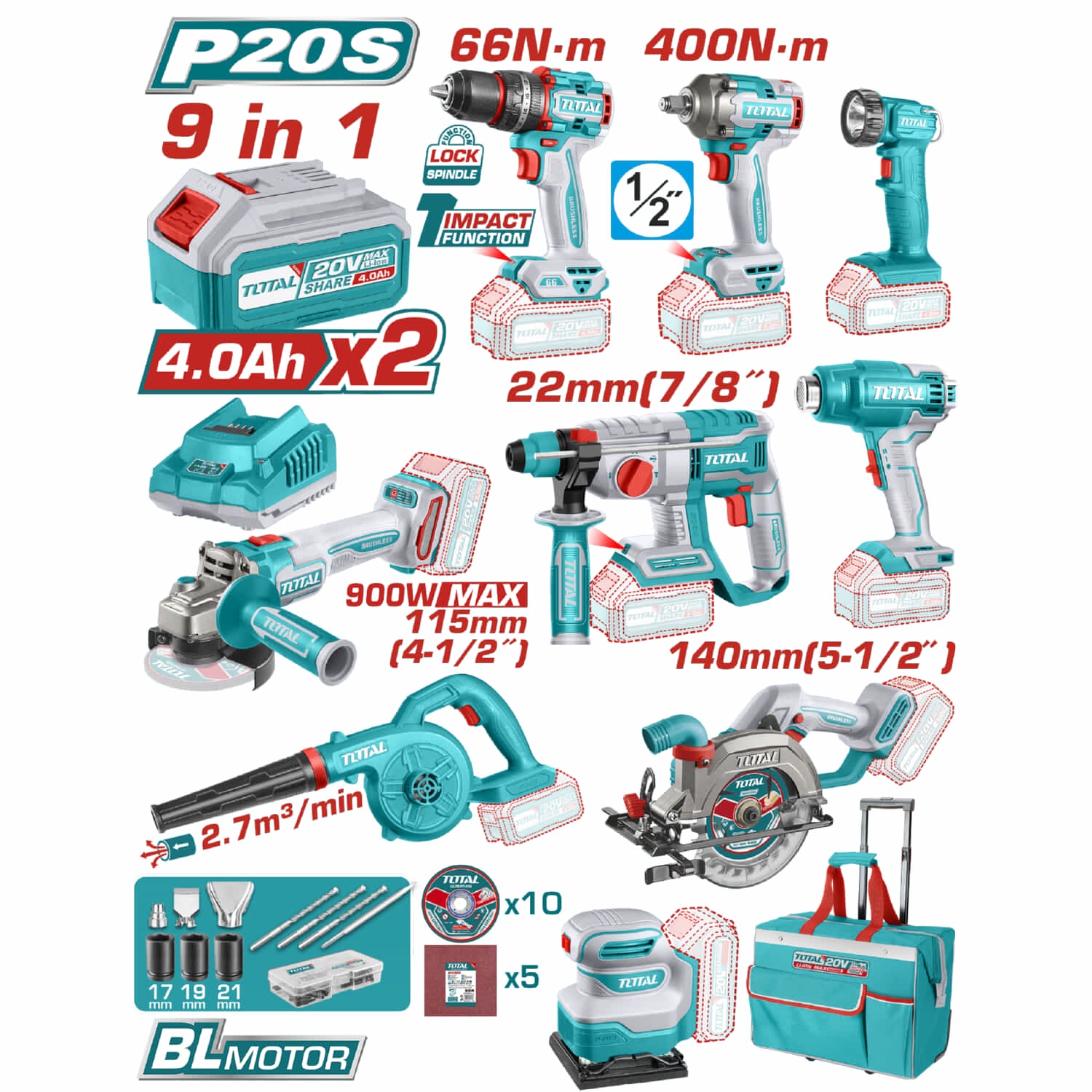 BiG Combo Total 9 herramientas 20V inalámbricas poderosas y potentes con Batería y Cargador. COMBOS POCAS UNIDADES