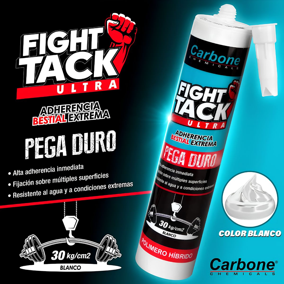High Tack CARBONE FIGHT ULTRA Agarre inicial INMEDIATO 300 kg/m2  Viscosidad adherencia y resistencia alta BLANCO 290ml.