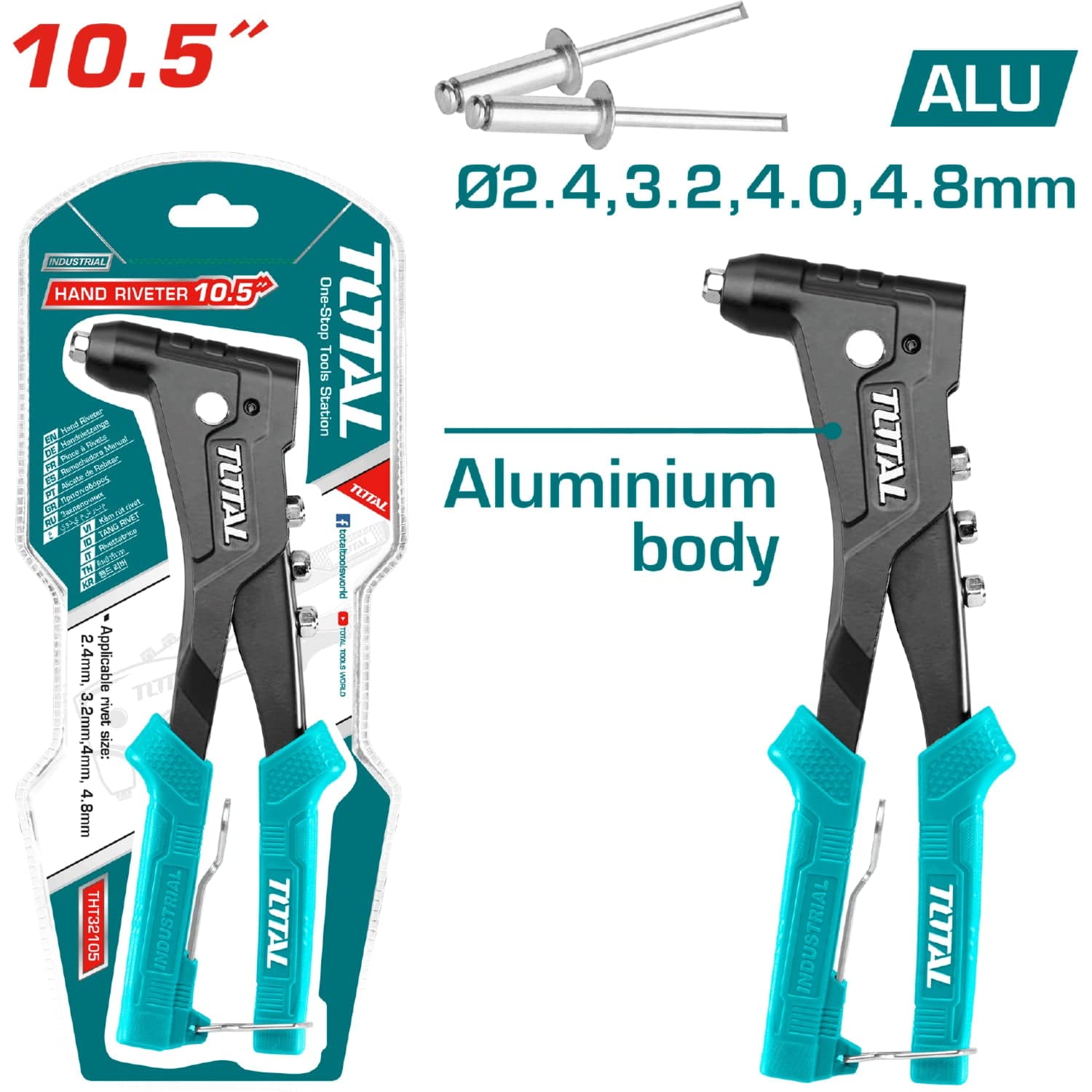 Remachadora Manual 10.5" Cuerpo De Aluminio.Compatible Con Remaches De 2.4Mm, 3.2Mm,4Mm,4.8Mm