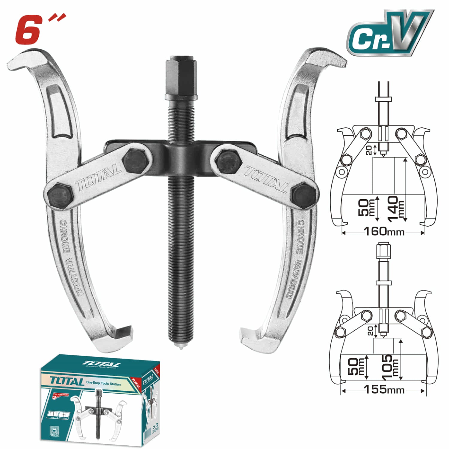 Extractor de 2 mandibulas de 6". Maxima Fuerza 5000 kg Cr-v, Tratamiento termico.