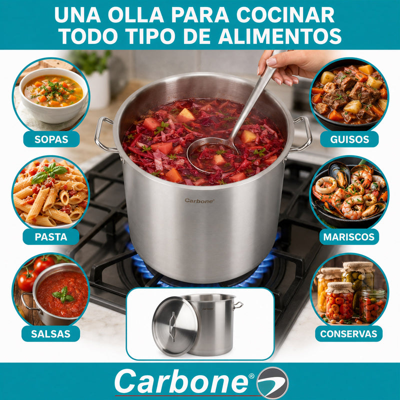 Olla de Acero Inoxidable 36L de 40cm con Tapa. Cacerola Paila Multiusos con base de 3 capas. Compatible con Todo Tipo de Estufas.