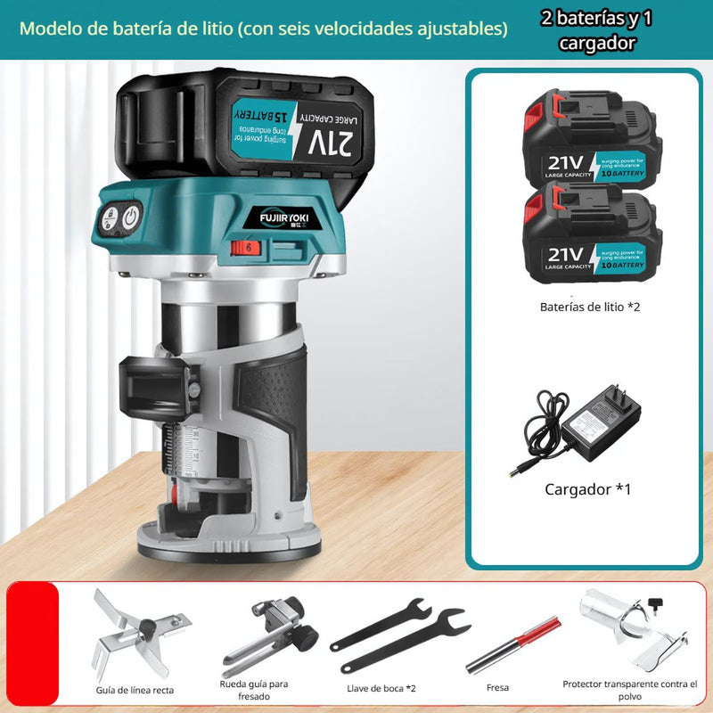 Recortadora Inalámbrica de Borde 21V con 2 Baterías de Litio. Fresadora Compacta para Madera con Velocidad Variable y Accesorios. Mini Router.