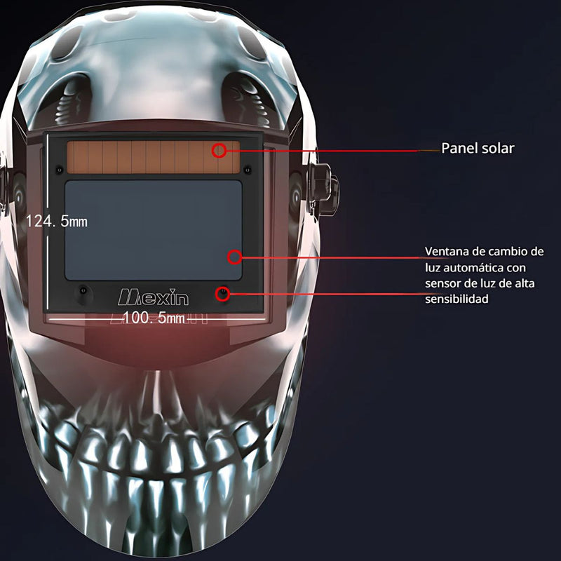 Máscara Para Soldar Con Oscurecimiento Automático, Carga Con Energía Solar. Área De Visión De 100×93 mm. Diseño de calavera.