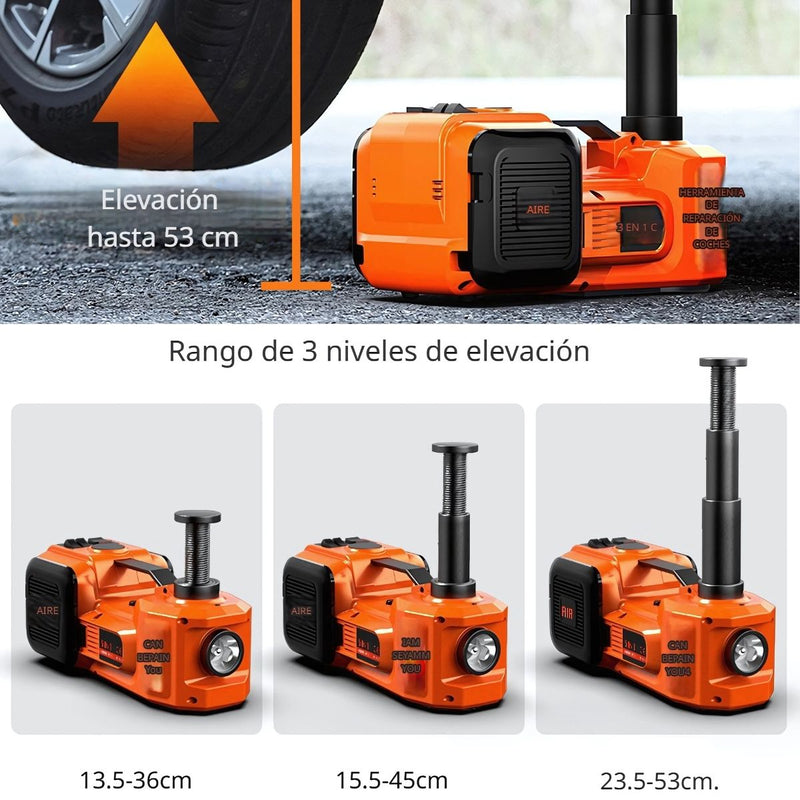 Gato Eléctrico Hidráulico 12V. Kit Set 6 en 1 con Compresor, Llave de Impacto y Luz LED para Autos y Camionetas.