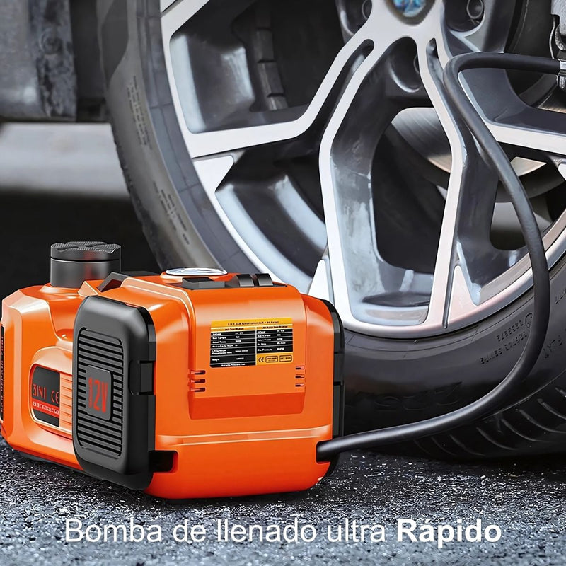 Gato Eléctrico Hidráulico 12V. Kit Set 6 en 1 con Compresor, Llave de Impacto y Luz LED para Autos y Camionetas.