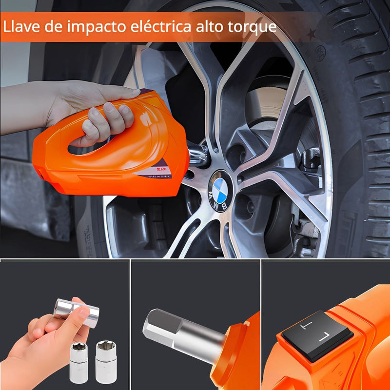 Gato Eléctrico Hidráulico 12V. Kit Set 6 en 1 con Compresor, Llave de Impacto y Luz LED para Autos y Camionetas.