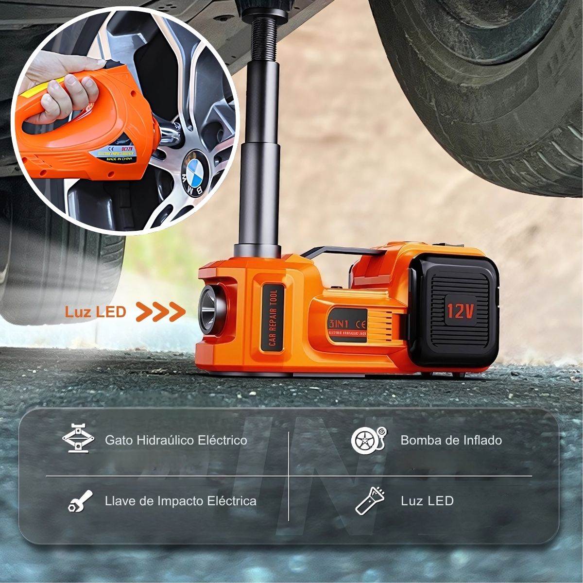 Gato Eléctrico Hidráulico 12V. Kit Set 6 en 1 con Compresor, Llave de Impacto y Luz LED para Autos y Camionetas.