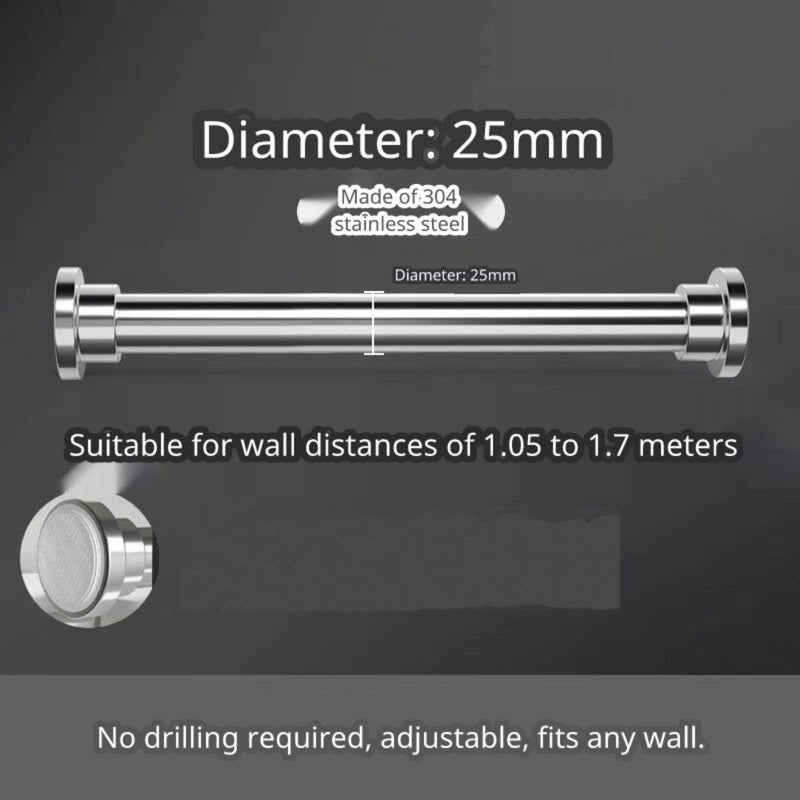 Barra ajustable para cortinas , closets y duchas de acero inoxidable. Barra extensible. Sin perforaciones. Ajustable 105-170cm. Se adapta a cualquier pared.