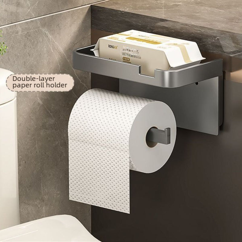 Portarrollos de Papel Higiénico con Bandeja soporte para celular. Color gris.