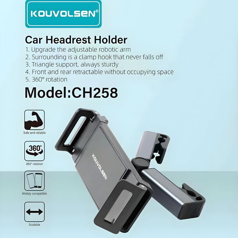 Soporte Para Celular y Tablet Para Cabecera de Auto. Porta Teléfono Ajustable con Brazo Extensible y Rotación 360° Para Asiento Trasero.
