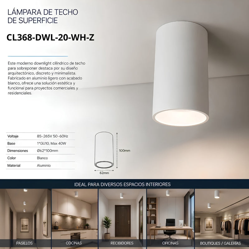 Lámpara de Techo LED de Superficie GU10 Blanca Aluminio IP20 Cilíndrica para Interiores Diseño Moderno.