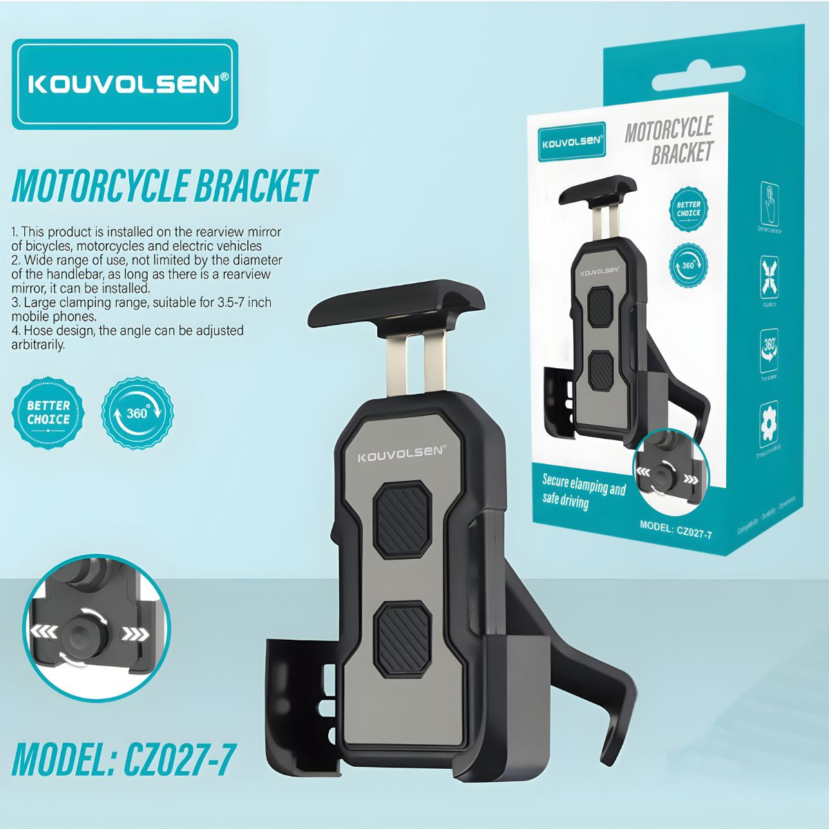 Soporte de Celular para Moto en Espejo Retrovisor. Porta Celular Ajustable 360° para Motocicleta y Bicicleta.