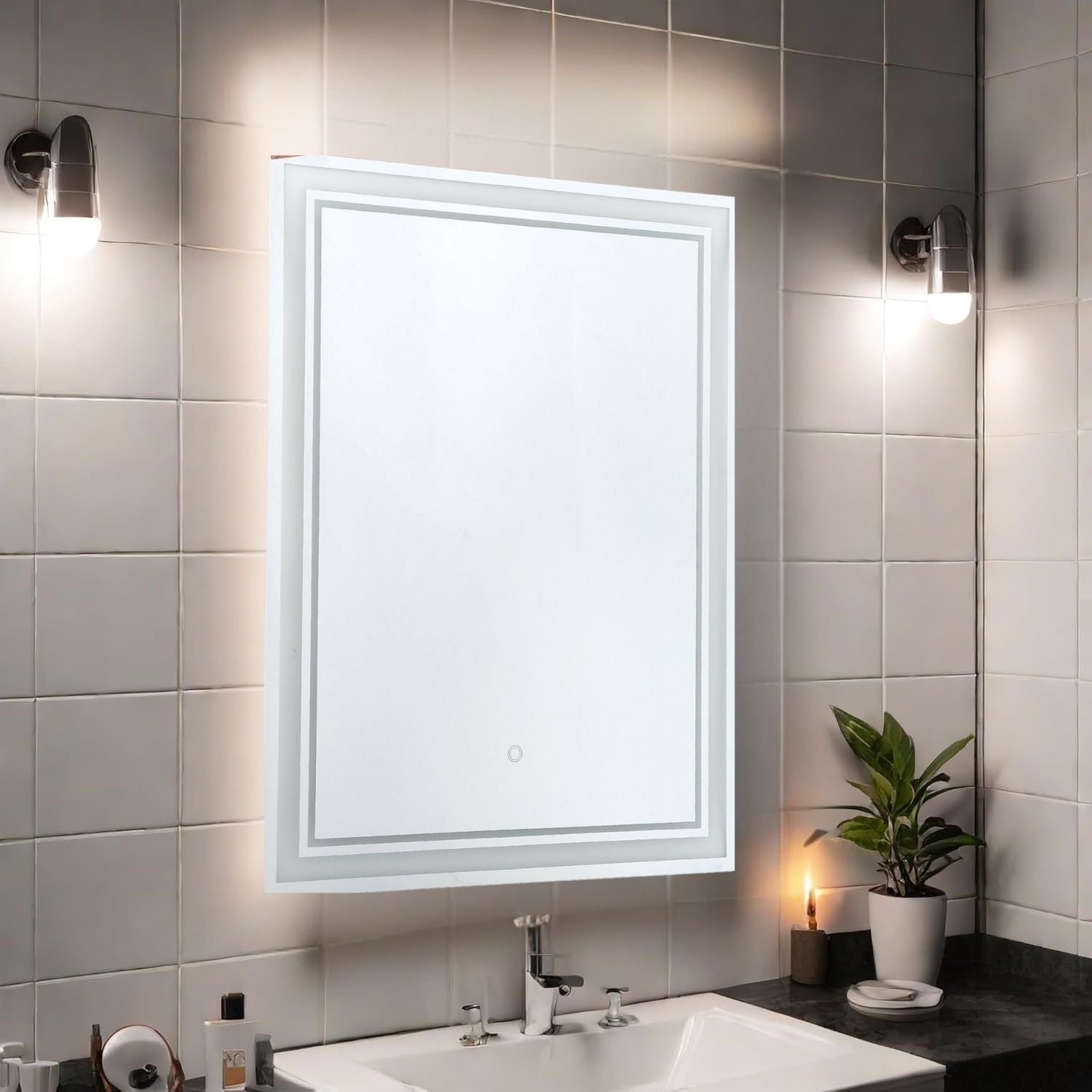 Espejo LED Táctil de Pared 60x80 cm con 3 Tonos de Luz y Enchufe USA 110V Espejo Baño Moderno