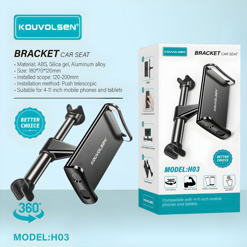 Soporte para Celular y Tablet para Asiento de Auto. Porta Teléfono Ajustable con Brazo Telescópico, Rotación 360° y Montaje en Respaldo.