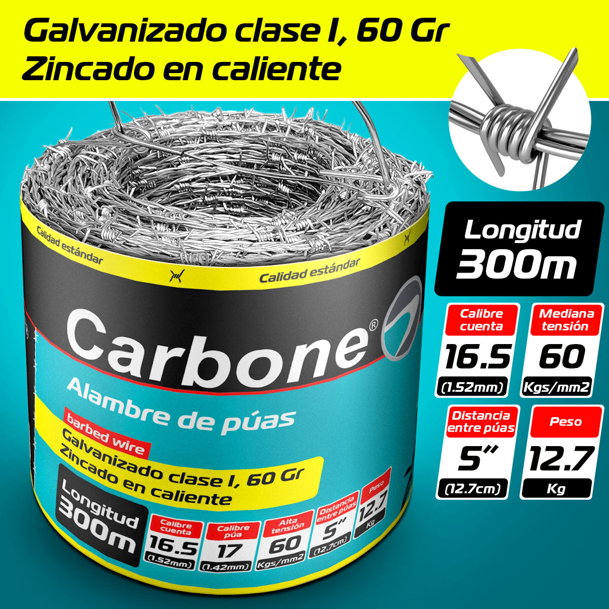 Alambre de puas calibre 16.5 de 300m zincado 60Gr Mt2 clase I (Amarillo estandar)