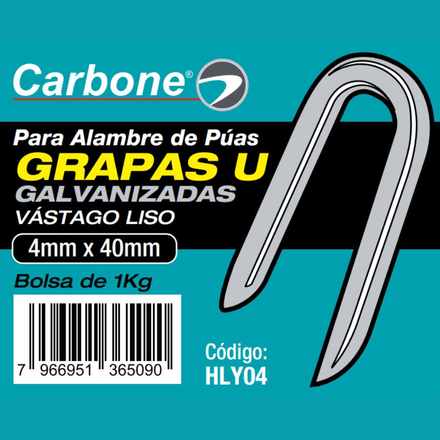 Grapa U galvanizada de 4mm x40 mm. para alambre de puas Bolsa de 1kg.