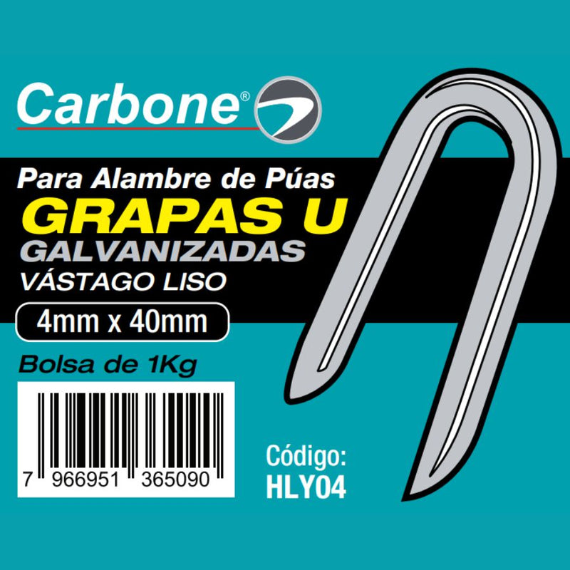 Grapa U galvanizada de 4mm x40 mm. para alambre de puas Bolsa de 1kg.