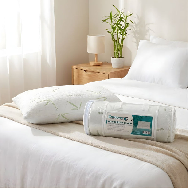 Almohada Bamboo 40x65cm. Cojín de Fibra de Bambú Suave y Transpirable con Funda Ecológica. Almohada Ergonómica con Relleno de Algodón Antialérgico.