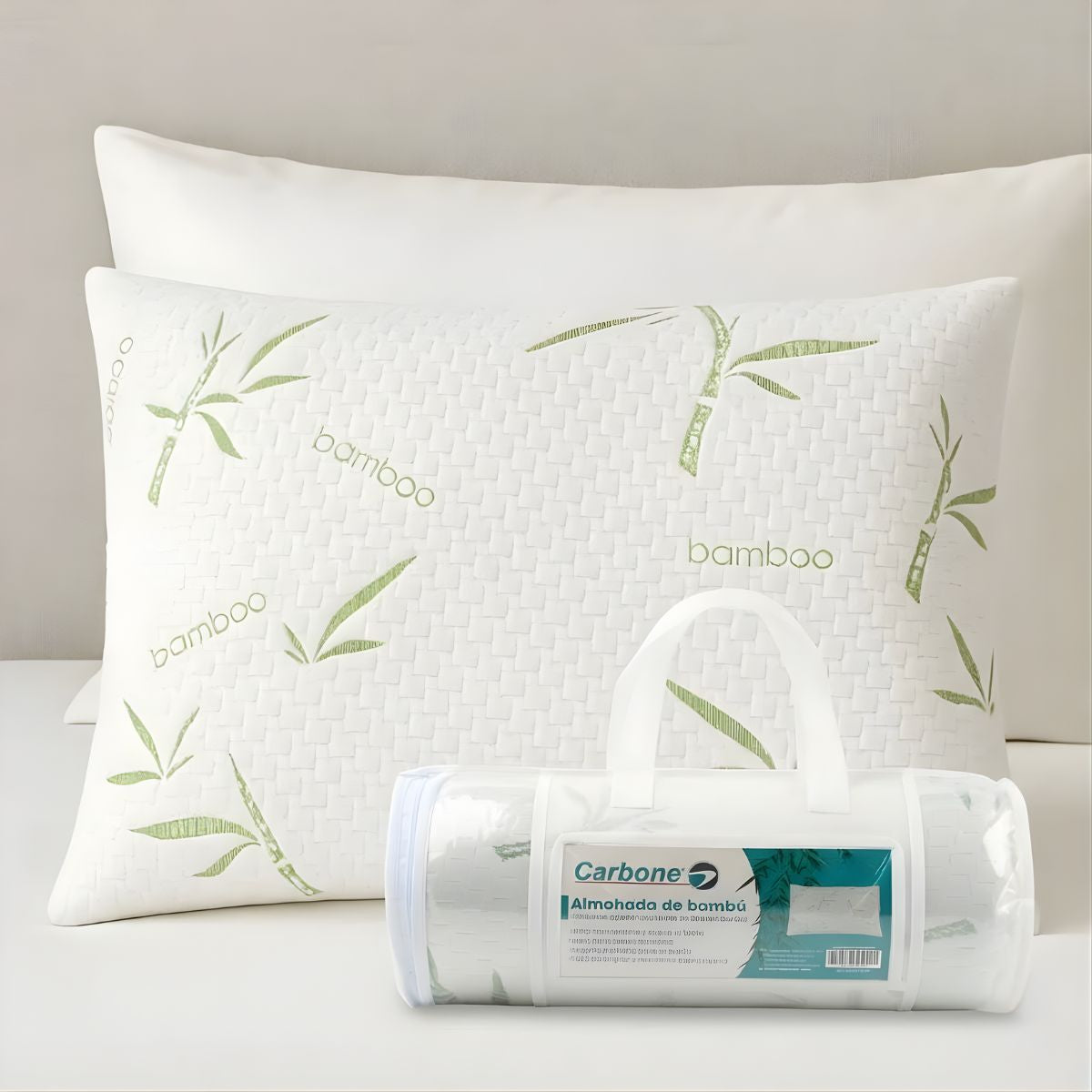 Almohada Bamboo 40x65cm. Cojín de Fibra de Bambú Suave y Transpirable con Funda Ecológica. Almohada Ergonómica con Relleno de Algodón Antialérgico.