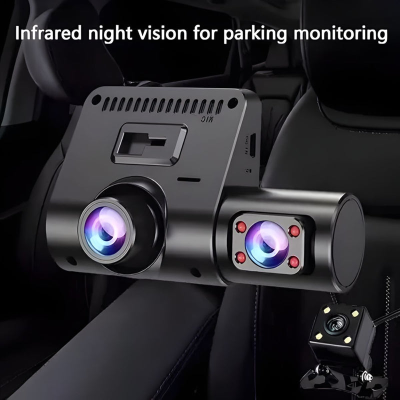 Dash Cam Cámara Triple Para Autos 1080P FHD. Grabación Frontal, Interior Y Trasera Con Visión Nocturna. Dashcam Con Cámara De Reversa Y Grabación En Bucle.