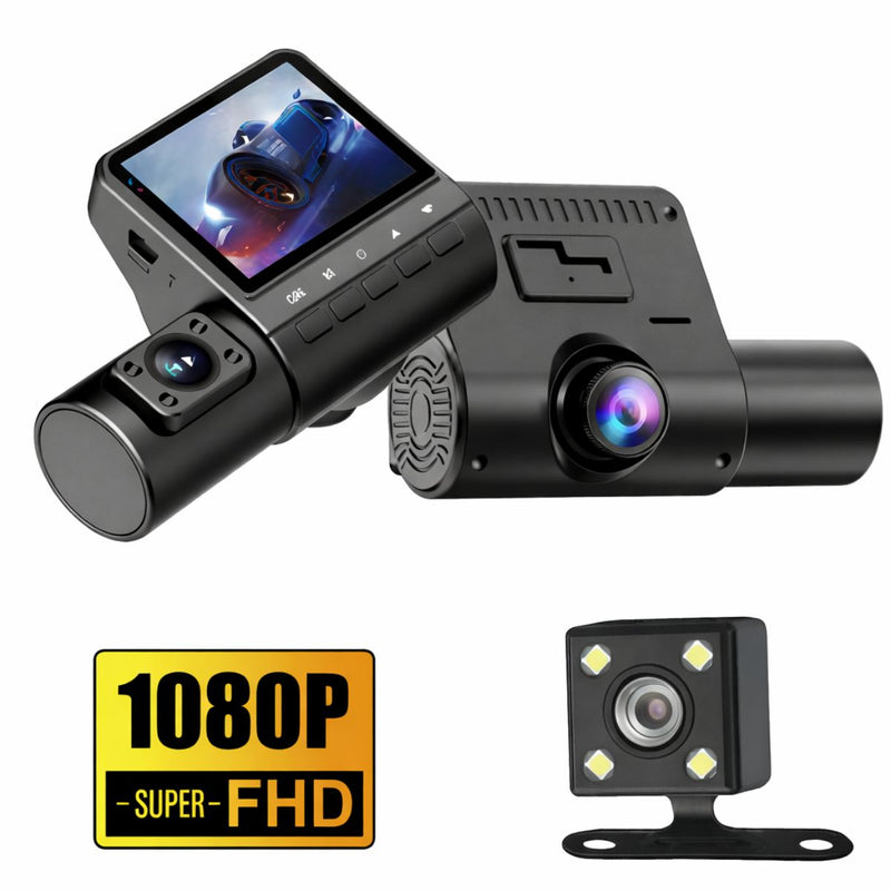 Dash Cam Cámara Triple Para Autos 1080P FHD. Grabación Frontal, Interior Y Trasera Con Visión Nocturna. Dashcam Con Cámara De Reversa Y Grabación En Bucle.