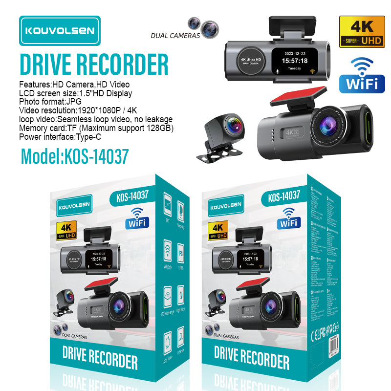 Dash Cam Cámara Doble Para Autos 4K + 1080P Con WiFi. Grabación Frontal Ultra HD Y Trasera Full HD. Dashcam Con Visión Nocturna Y App Móvil.