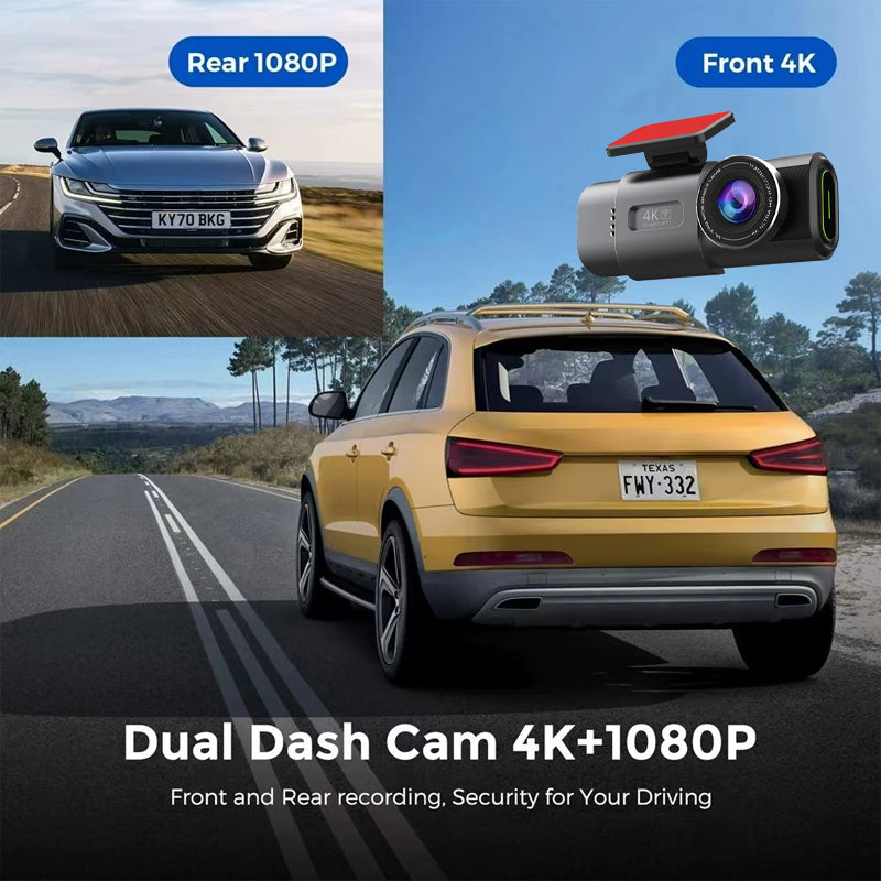 Dash Cam Cámara Doble Para Autos 4K + 1080P Con WiFi. Grabación Frontal Ultra HD Y Trasera Full HD. Dashcam Con Visión Nocturna Y App Móvil.