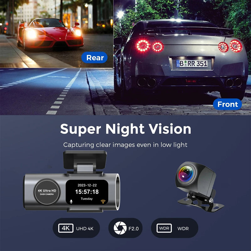 Dash Cam Cámara Doble Para Autos 4K + 1080P Con WiFi. Grabación Frontal Ultra HD Y Trasera Full HD. Dashcam Con Visión Nocturna Y App Móvil.