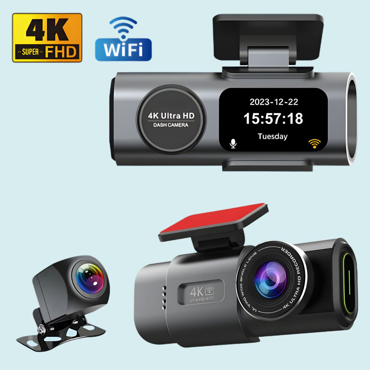Dash Cam Cámara Doble Para Autos 4K + 1080P Con WiFi. Grabación Frontal Ultra HD Y Trasera Full HD. Dashcam Con Visión Nocturna Y App Móvil.