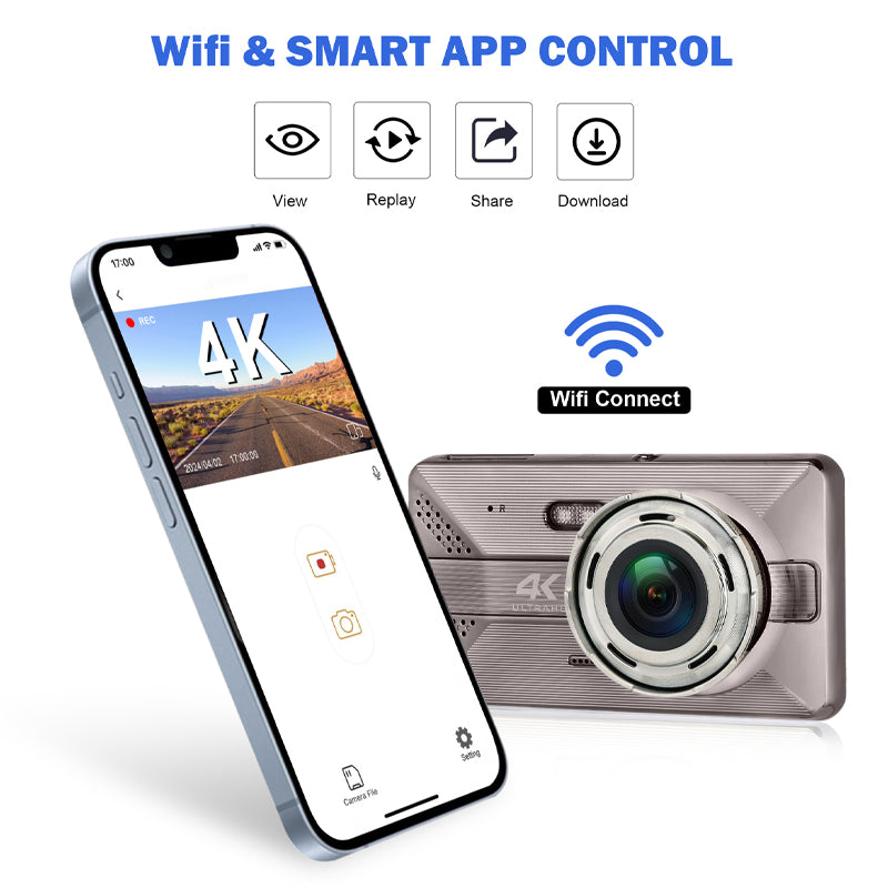 Dash Cam 4K Para Autos 1080P Y WiFi. Grabación Frontal Y Posterior Con ADAS Y Alerta De Punto Ciego. Cámara Vehicular Con Visión Nocturna.