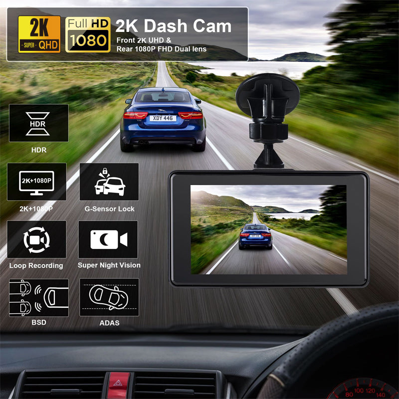 Dash Cam 2K Para Autos Con WiFi Y ADAS. Grabación Frontal QHD Con G-Sensor Y Visión Nocturna. Cámara Vehicular Con Modo Parking 24 Horas.